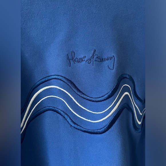 House of Sunny Make it Rain Sweatshirt in vivid royal blue w/ abstract wave - Picture 7 of 12